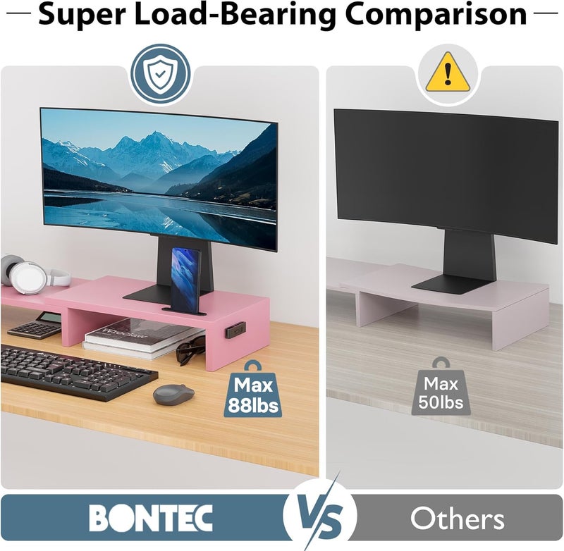 BONTEC Dual Monitor Stand Riser with Smartphone Holder, Adjustable Length & Swivel Angle, Ergonomic Wooden Desktop Organizer for PC Monitor, Laptop, Printer, Large Storage, Pink - Image 5
